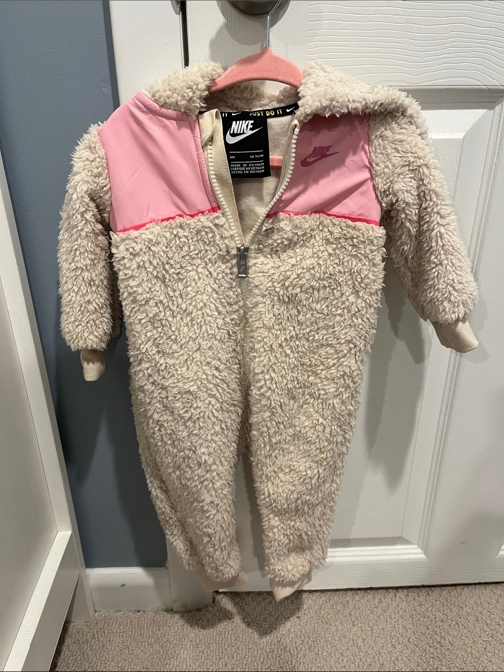 Nike Cream Sherpa Baby One-Piece with Pink Yoke